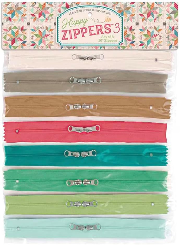 Riley Blake Happy Zippers 3 by Lori Holt of Bee in My Bonnet – 8 Colorful 16" Zippers with Dual Pulls for Sewing, Quilting & Craft Projects