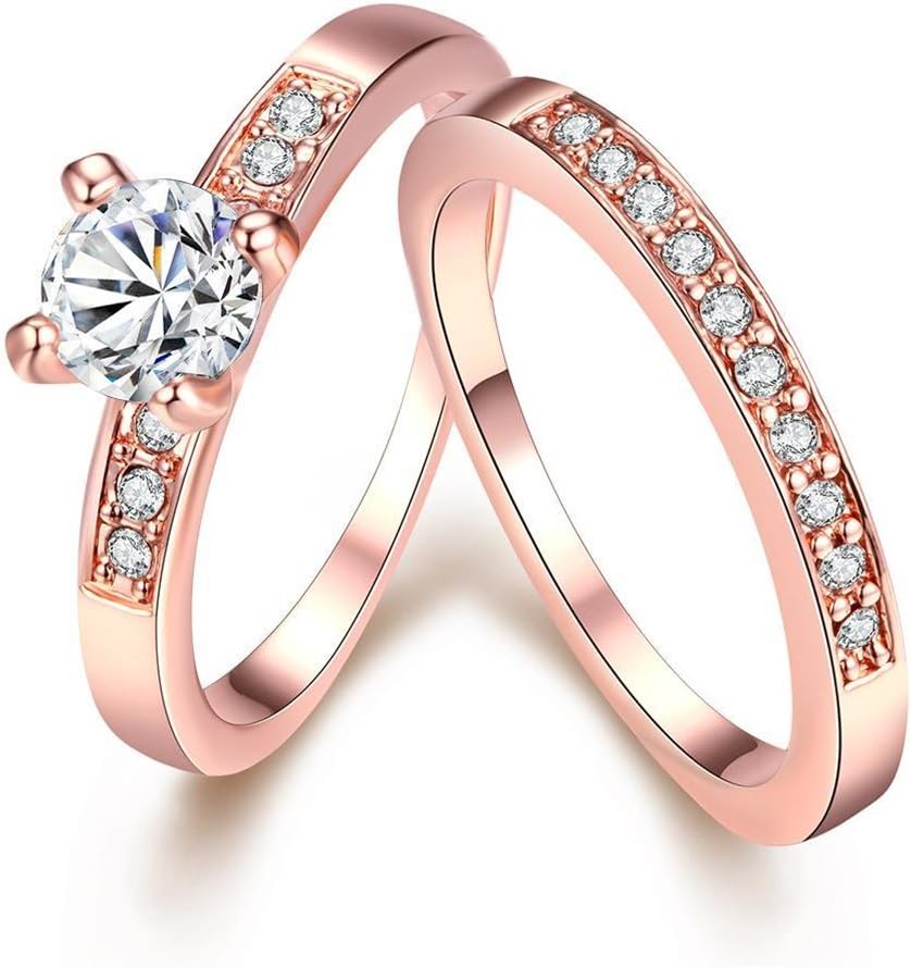 Womens Fashion Luxury Wedding Jewelry Ring Sets Zircon Prong-Set Rose Gold Alloy CZ Engagement Band Size 9