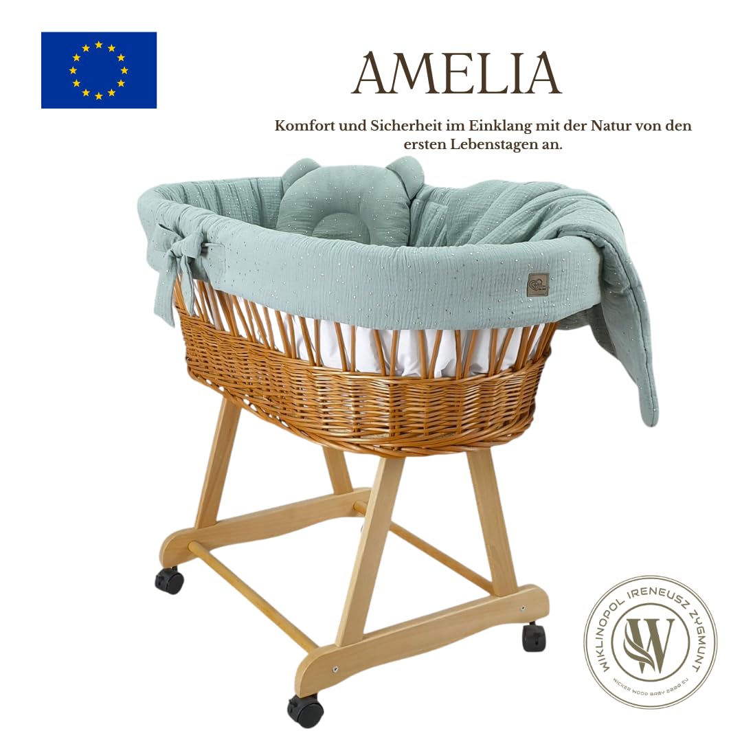 WIKLINOPOL Baby Stubenwagen – Komplettset mit Natur Moseskorb, Matratze & Bettwäsche aus 100% Baumwolle in Khaki Gold – sicherer Schlafplatz mit Rollen & Bremse – Modell Amelia