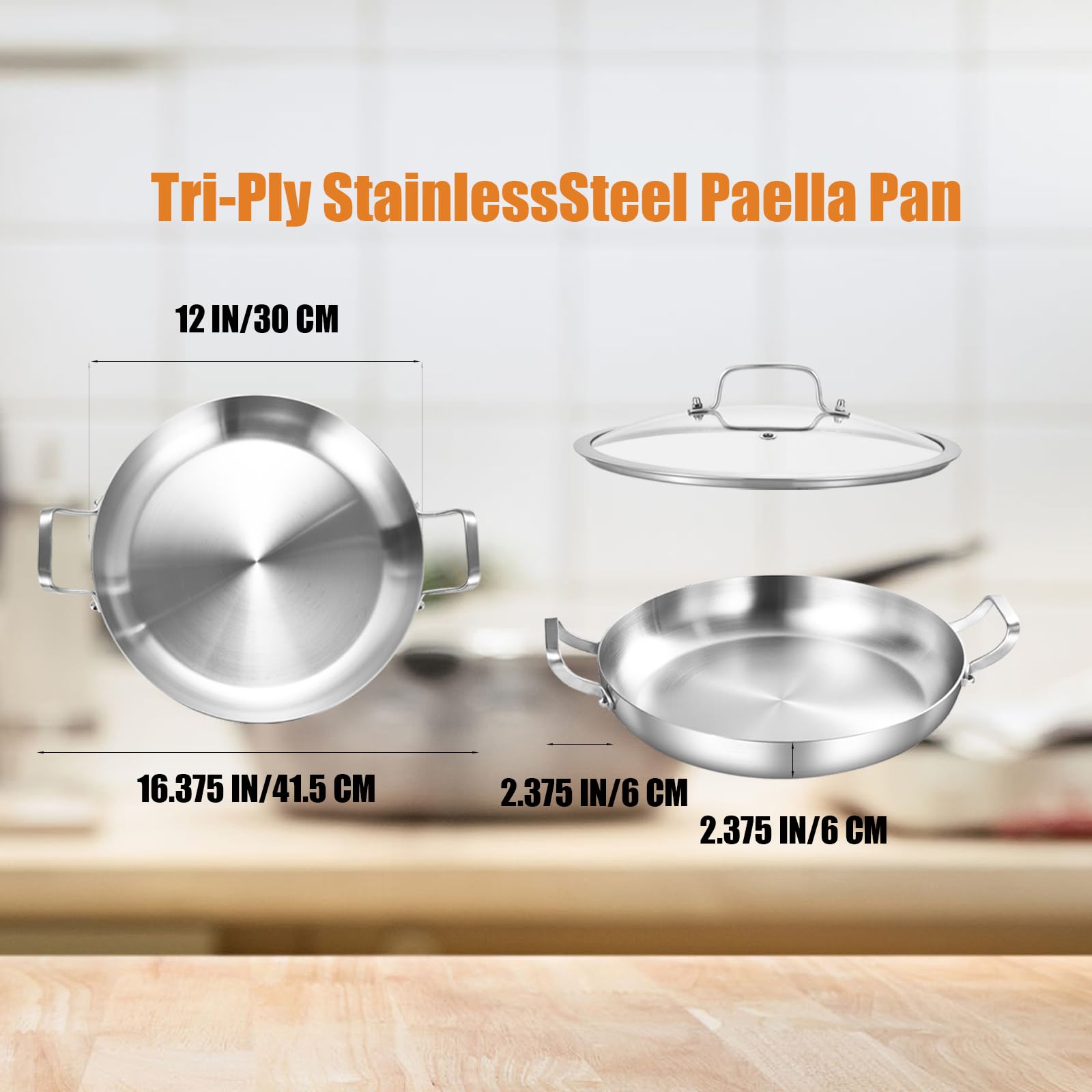 Inqibee 30 cm Dreischicht-Edelstahl-Paellapfanne mit Deckel | Edelstahlgriffe | für 3–4 Personen | leicht zu reinigen | spülmaschinen und ofenfest | passend für Induktion | alle Herdarten