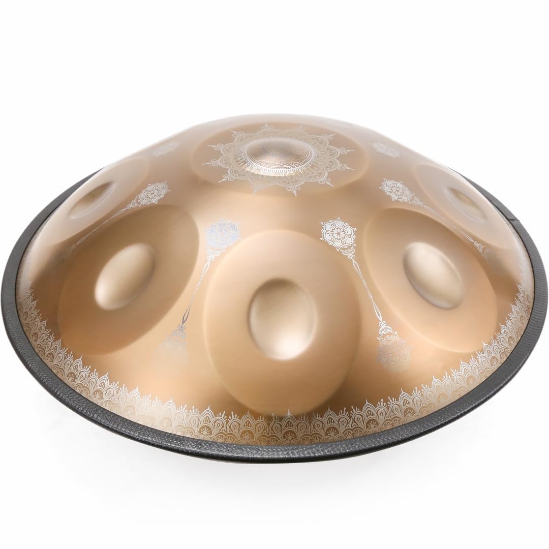 Handpan Mandala doré - 10 notes - Échelle courte - Instrument professionnel de guérison sonore - En acier de qualité supérieure - Tambour de méditation pour soulager le stress, le yoga et la