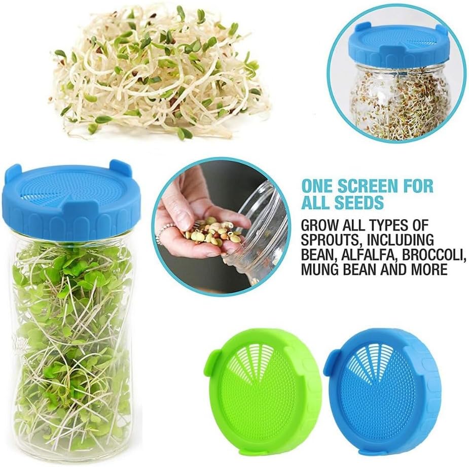 2pcs Wide Mouth Jar Plastic Screen Sprouting Strainer Lid Kit for Growing Bean Broccoli Alfalfa Salad Sprouts More Lids (blue)