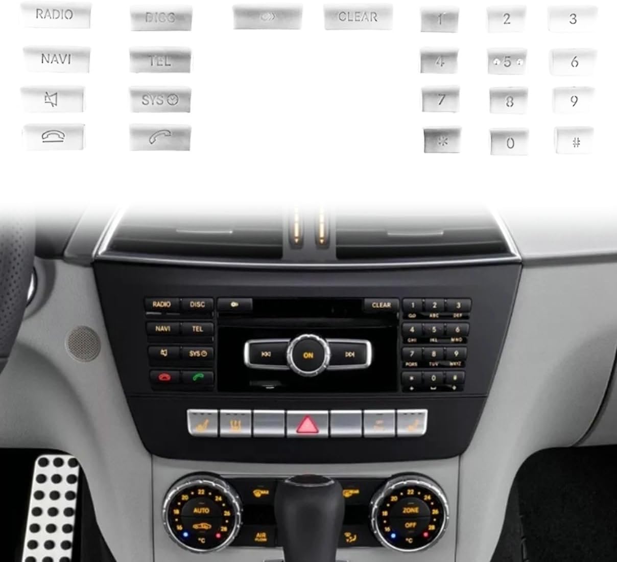 22Pcs Car Center Console Radio CD Pannel Numbers Button Cover Stickers Set For Mercedes For Benz W204,W212,C218,GLK,X204 Silver