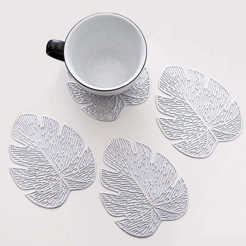 SCF2017 PVC Banana Leaf Shape Coasters for Drink Cup Mats Small Cute Placemats Set of 4,Silver