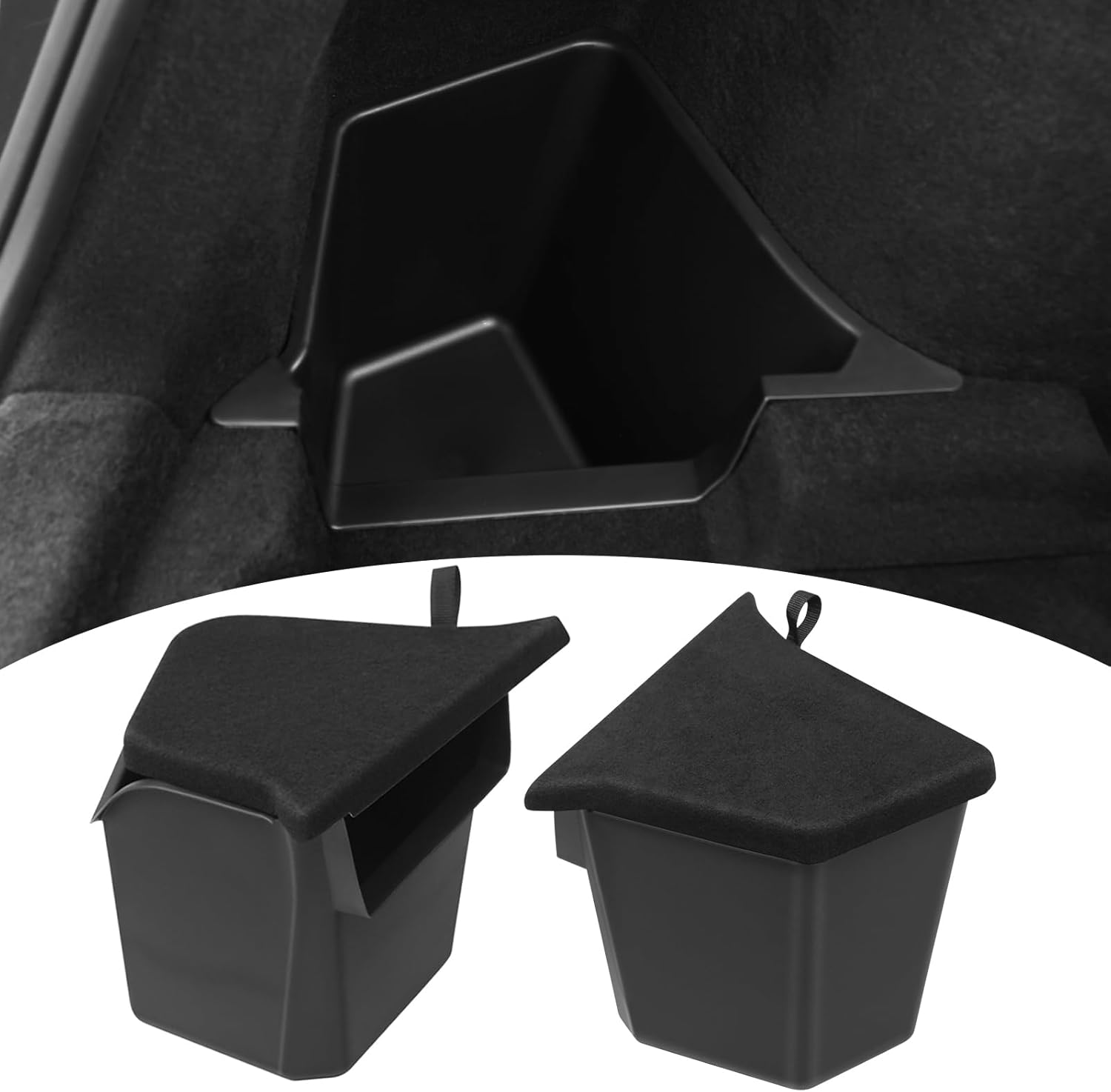 Trunk Storage Bins with Lids for 2026 Tesla Model Y Juniper 5 Seater, 2PCS TPE Side Cargo Organizer Boxes, Rear Trunk Containers with Suede Covers, Custom Fit Tesla Model Y Juniper Accessories Suede Lids