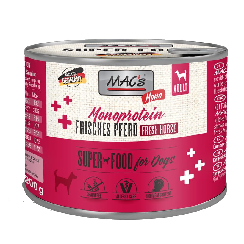 Mac's Dog 6 x 200g Mono Pferd | 99% Fleischanteil | Nassfutter für Hunde | Getreidefrei & für allergieempfindliche Hunde geeignet | In der Eifel hergestellt