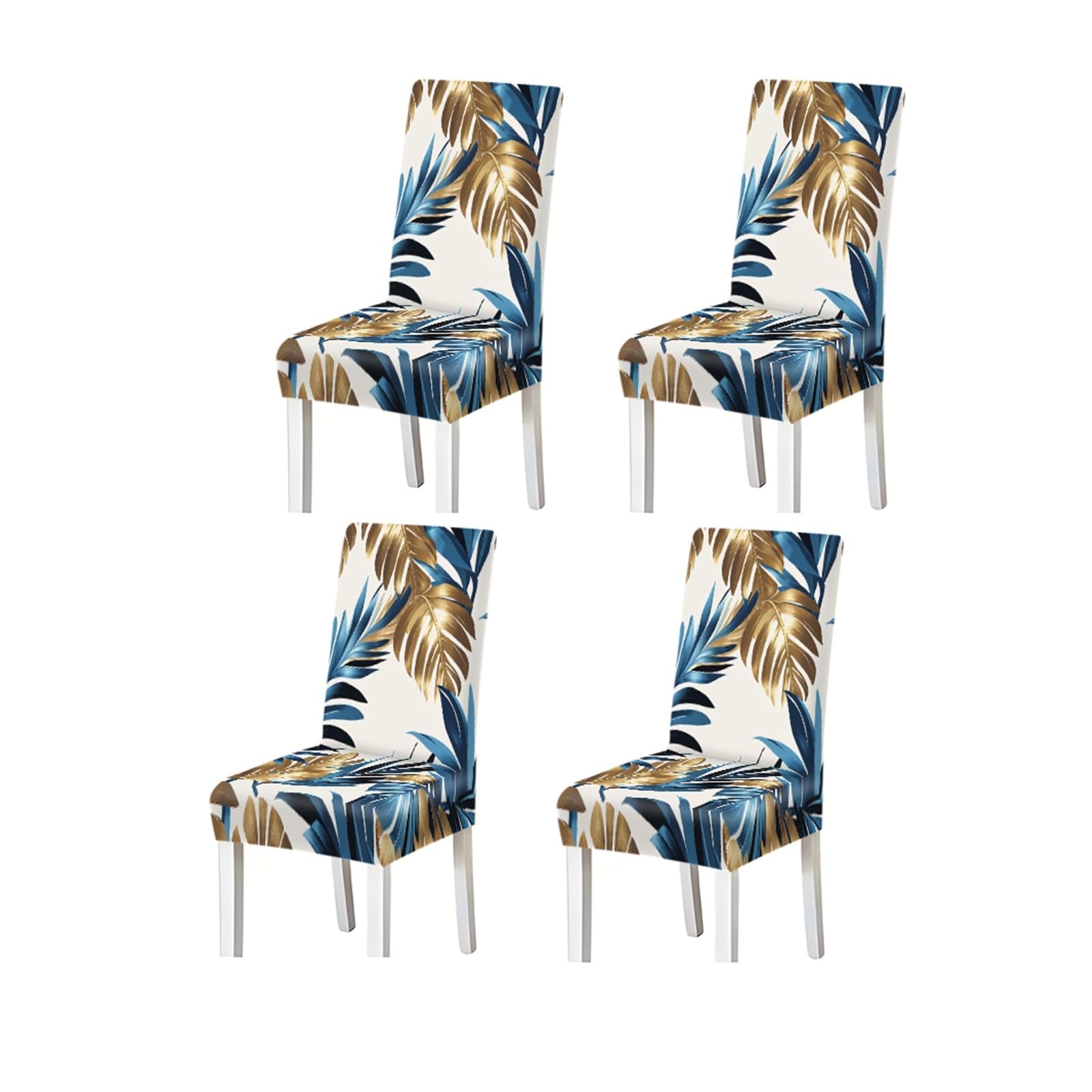 BOSUYBN Blue Gold Tropical Palm Leaf Pattern Print Dining Chair Covers Set Of 2/4/6, Stretch Slipcovers For Kitchen Dining Room Furniture Protectors for Home Dining Room(4PCSChair cover)