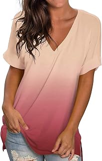 Camiseta de Manga Corta Suelta con Cuello en V y Estampado de Flores Degradadas Tie Dye para Mujer Top Camisa Color Sólido Suelta Informal Blusas Verano Tops Ropa Básicas T Shirt