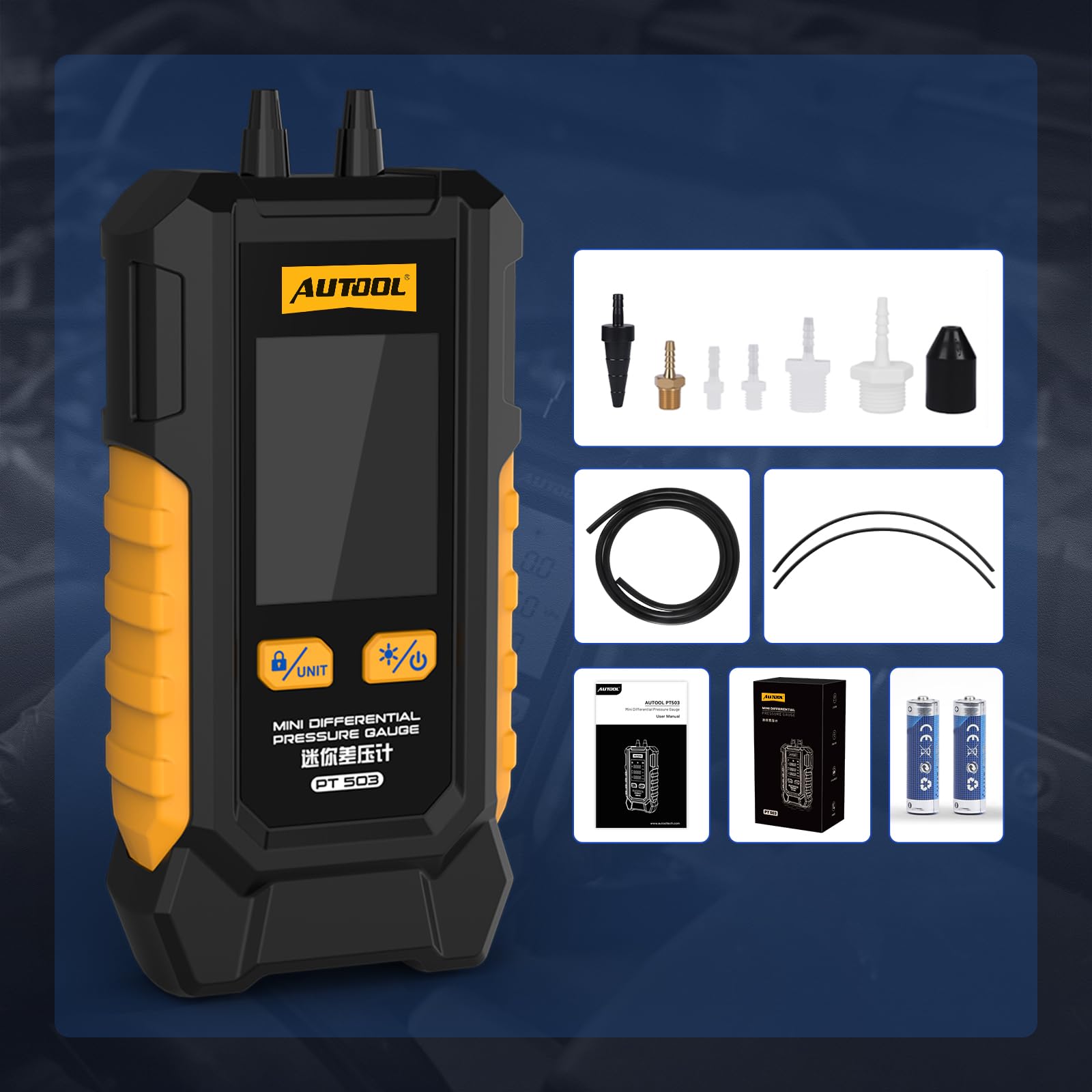 AUTOOL Manomètre de Pression de Gaz, PT503 Manomètre de Digital Numérique Manomètre Différentiel HVAC, ±0.5% FSO Précision, 101Kpa~200Kpa, écran LCD Rétroéclairé