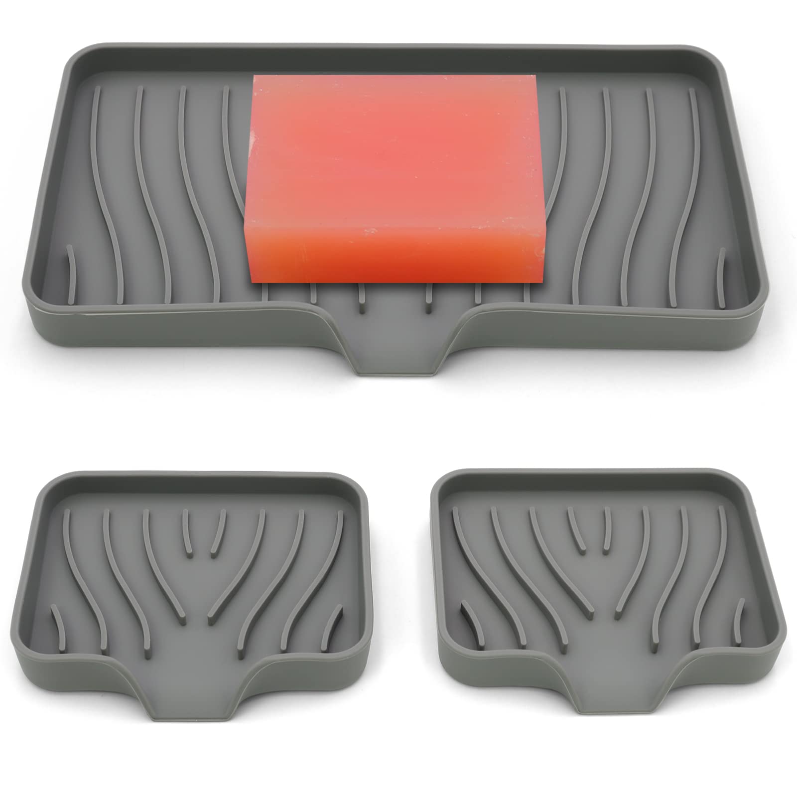 3-Pack Soap Dishes for Bar Soap, Sponge Holder for Kitchen Sink, Silicone Sponge holder, bar Soap Holder for Kitchen/bathroom, Sink Tray for Kitchen Counter/soap Bottles, Sponge Tray with drain (Grey)