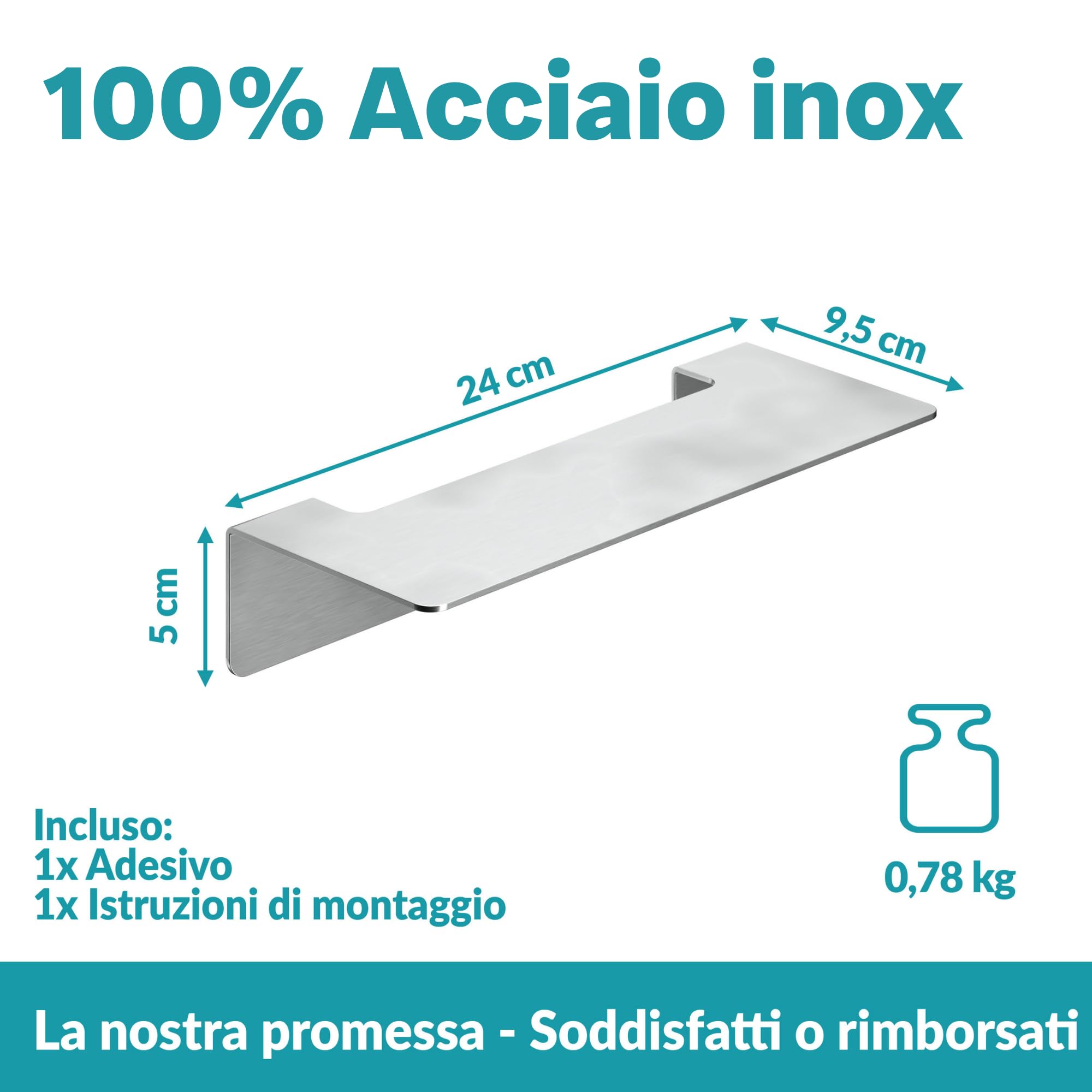WEISSENSTEIN Mensola bagno adesiva da muro 24 cm Rettangolare Acciaio inox