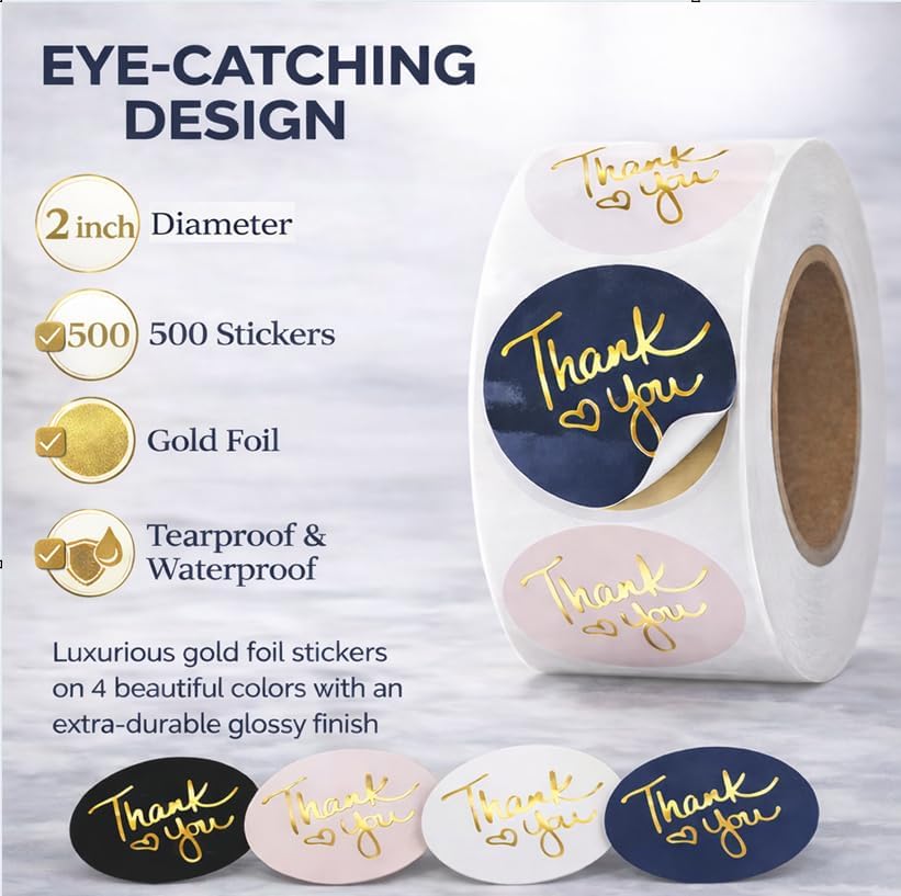 500 2 inch Thank You Stickers – Round Labels with Gold Foil Heart (Black, White, Pink, Navy)– Large Stickers for Small Business Packaging, Envelopes, Gift Bags & Orders – Self-Adhesive Seals - Image 2