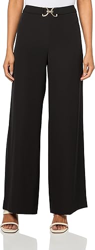 HALSTON H Women's Gold Belt Straight Leg Soft Suiting Pant, Black