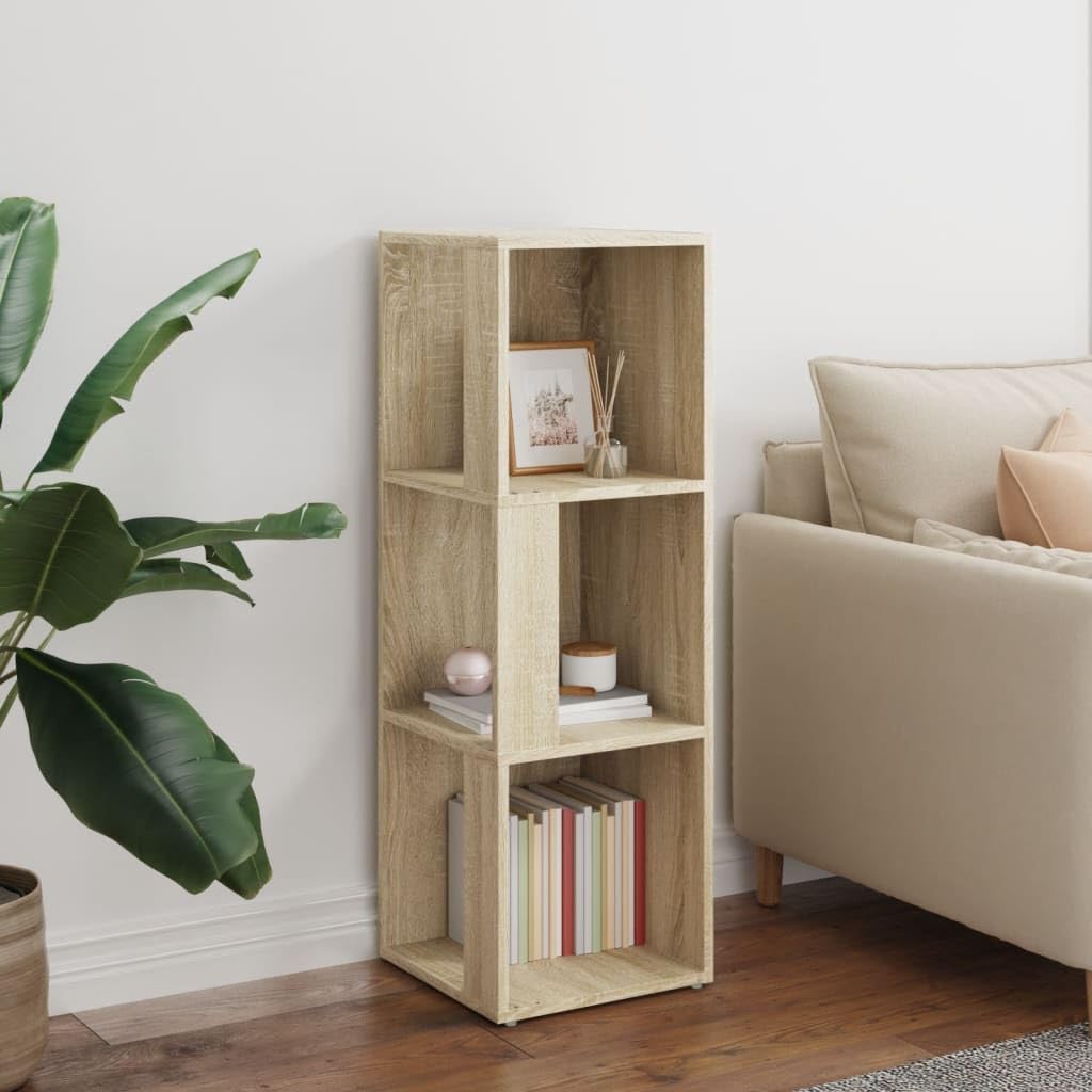 Armario esquinero de roble Sonoma 33x33x100 cm, estante de almacenamiento con 3 compartimentos para libros, CD, revistas y decoraciones, mueble de esquina compacto para sala de estar, dormitorio