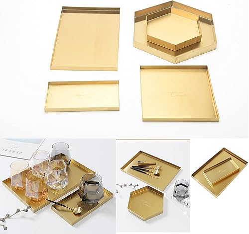 Miniatura 7 de Bandejas rectangulares doradas, bandeja de metal de acero inoxidable para servir, bandeja decorativa para el hogar, bandeja de almacenamiento para