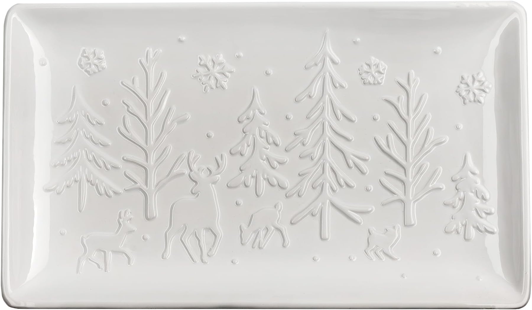 AuldHome Design Reindeer Christmas Tree Platter; Ceramic Embossed White Serving Tray