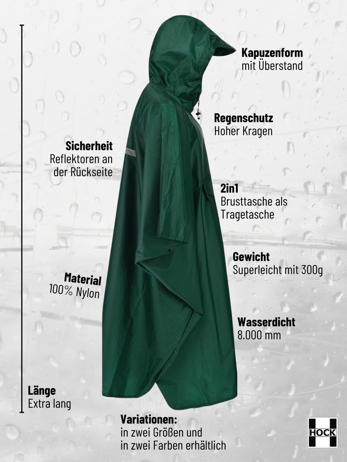 Hock - Poncho Impermeabile, Olive, X/XL