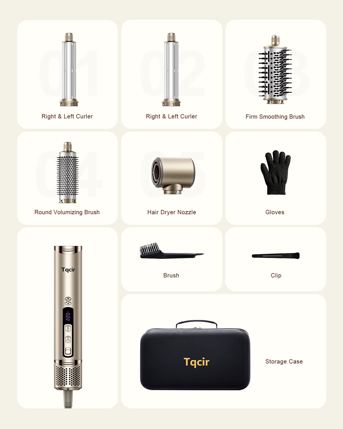 Tqcir Spazzola professionale per asciugacapelli 5 in 1, potente multi-styler con bigodini a carica automatica, ad asciugatura rapida, senza danni termici