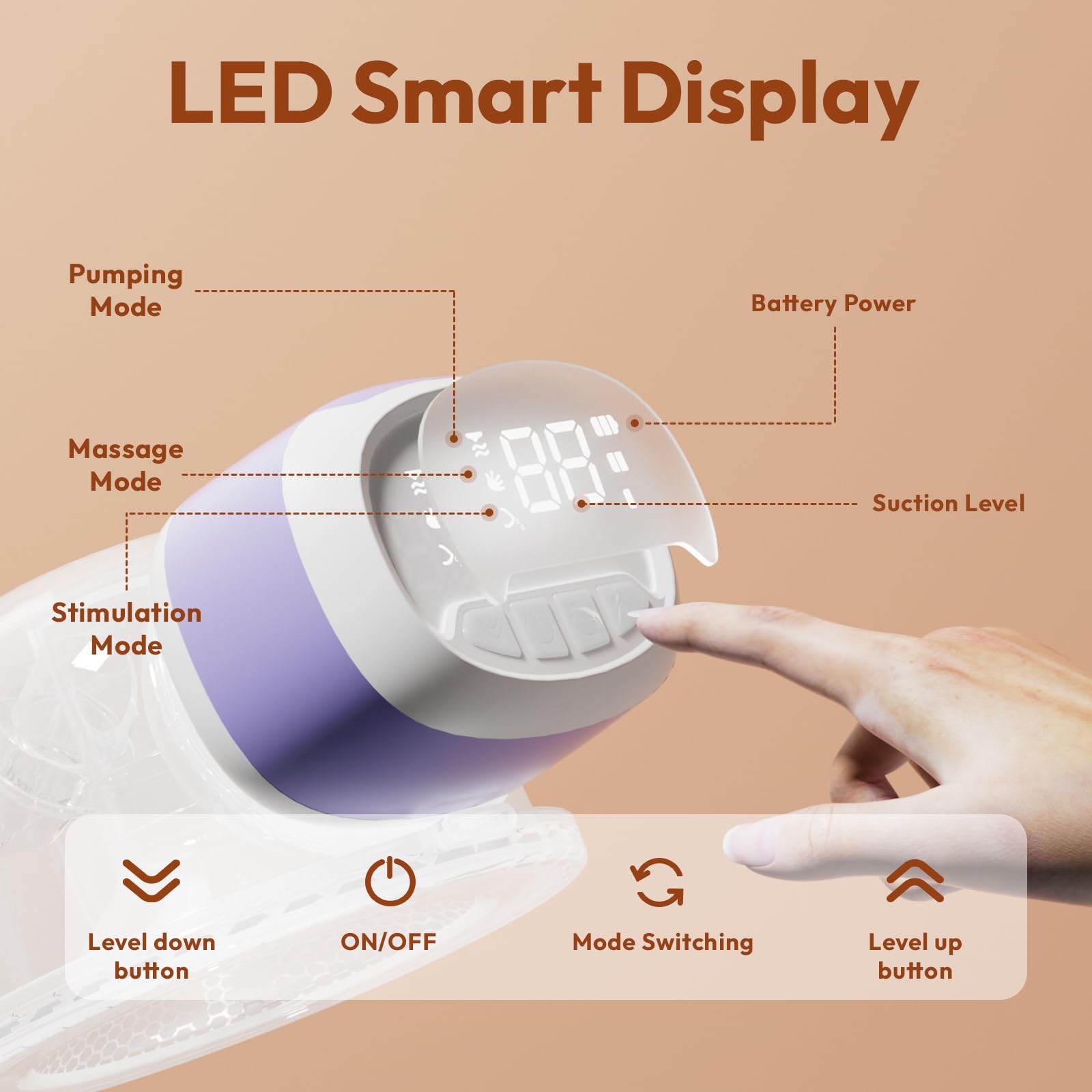 Wearable Breastfeeding Pump Hands Free of Long Battery Life, Portable Electric Wireless Breast Pump with 3 Modes and 9 Levels, LED Display, 16/18/20/22/24mm Flanges & Inserts, 2 Pack (Purple)