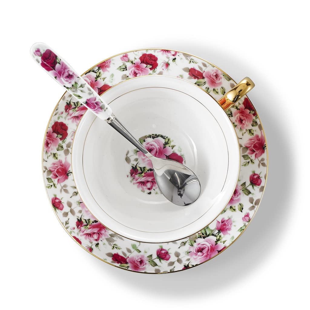 Kwiatowy wzór europejski styl porcelana kostna popołudniowa herbata kubek do kawy zestaw upominkowy z spodkiem i łyżką i podstawką żelazną