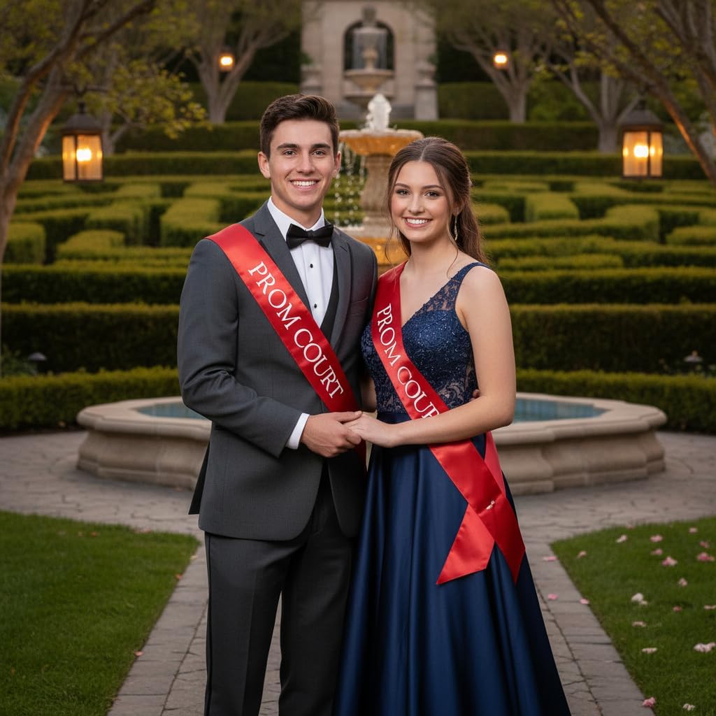 Anderson’s Red and White Prom Court Sashes and Buttons Set, 3" x 72" Satin Royalty Sashes for Prom Coronation & School Celebrations, 2‑Piece Sash Set