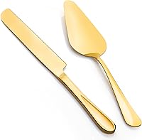 FTAKRY Gold 2-Piece Cake Knife & Server Set - Serrated Stainless Steel Cutter for Weddings, Cakes, Pies & Desserts, 10.63 Inch