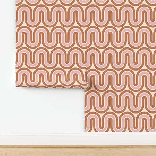 Miniatura 4 de Peel & Stick Wallpaper 9ft x 2ft - Retro Mid Century Mod Pink Brown Lines Home Decor Waves Custom Removable Wallpaper by Spoonflower