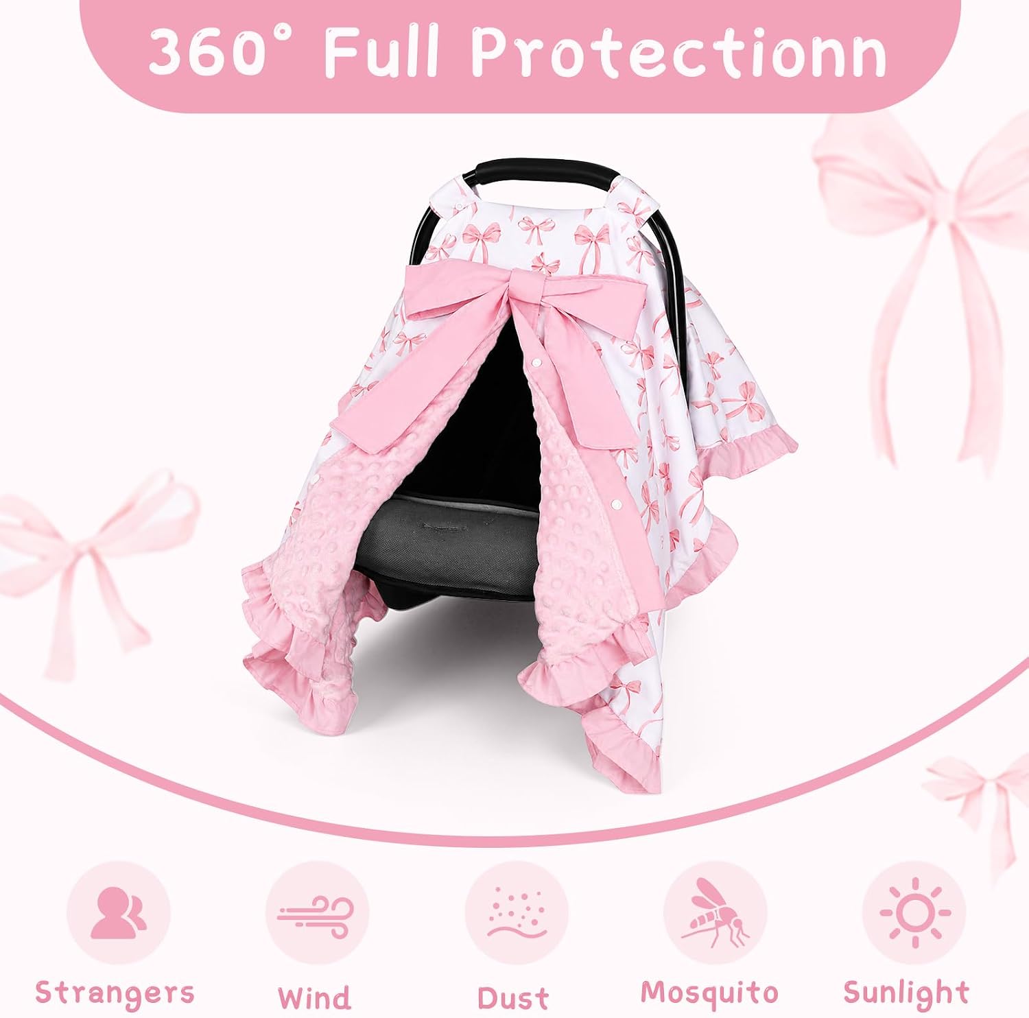 Baby Car Seat Cover with Ruffle Hem and a Removable Bow, Minky Carseat Cover Baby Girl, Peekaboo Opening Infant Car Seat Cover, Breathable Baby Car Seat Canopy for Summer, Pink Bow | Soft and Breathable Material