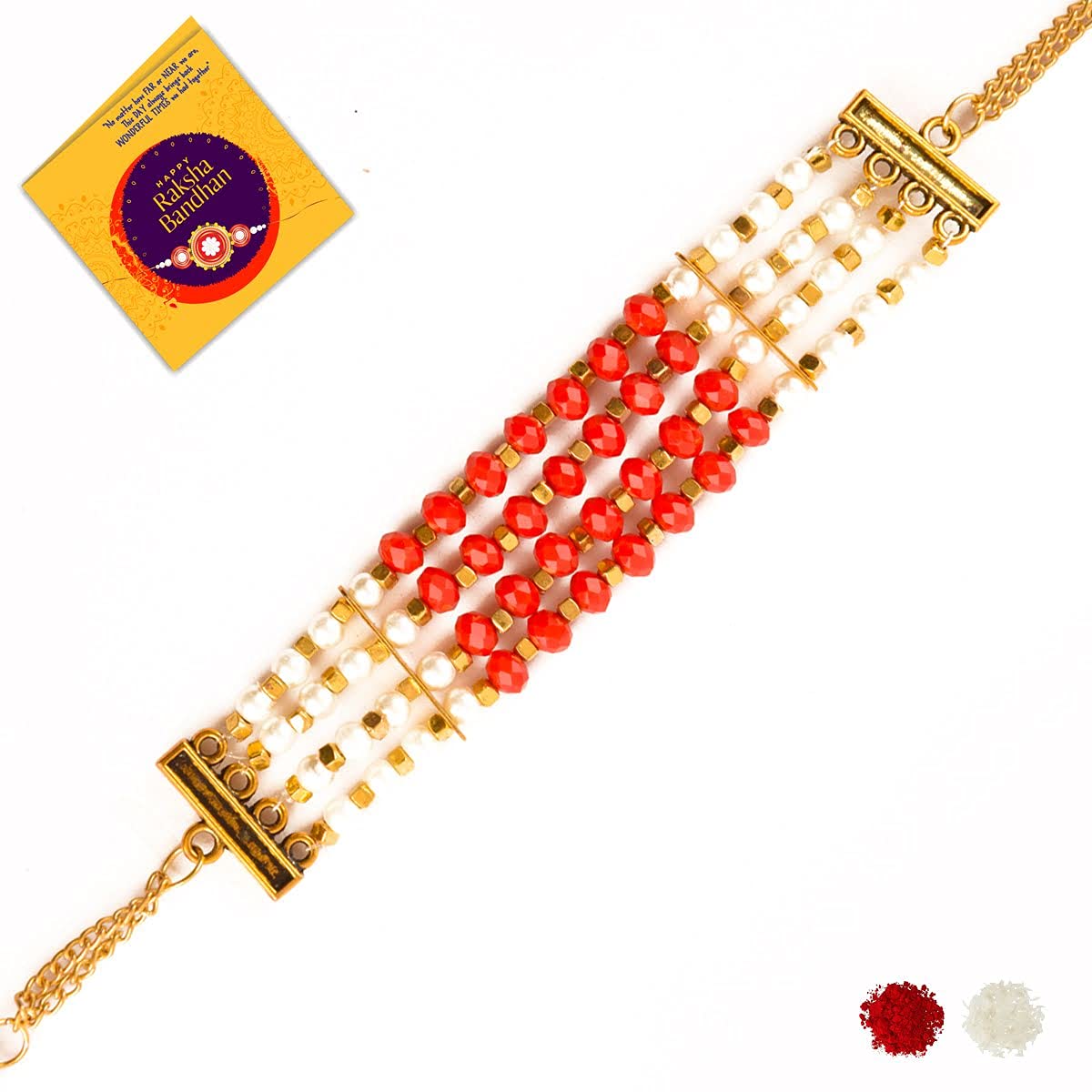 Anl Etails - HANDMADE BHAIYA BHABHI LUMBA RAKHI COMBO Set - Multi Strand Red Crystal and White Pearl Lumba for Bhabhi & Red Elephant Rakhi for Brother with Roli Chawal and Greeting Card (B0B53F3FB8) Amazon Price History, Amazon Price Tracker