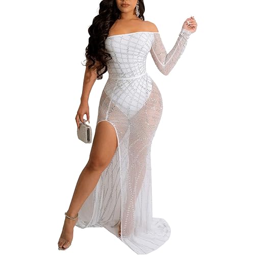 PORRCEY Sexy Elegant Rhinestone Dress for Women Mesh See Through Bodycon Birthday Cocktail Party Club Night Evening Gowns