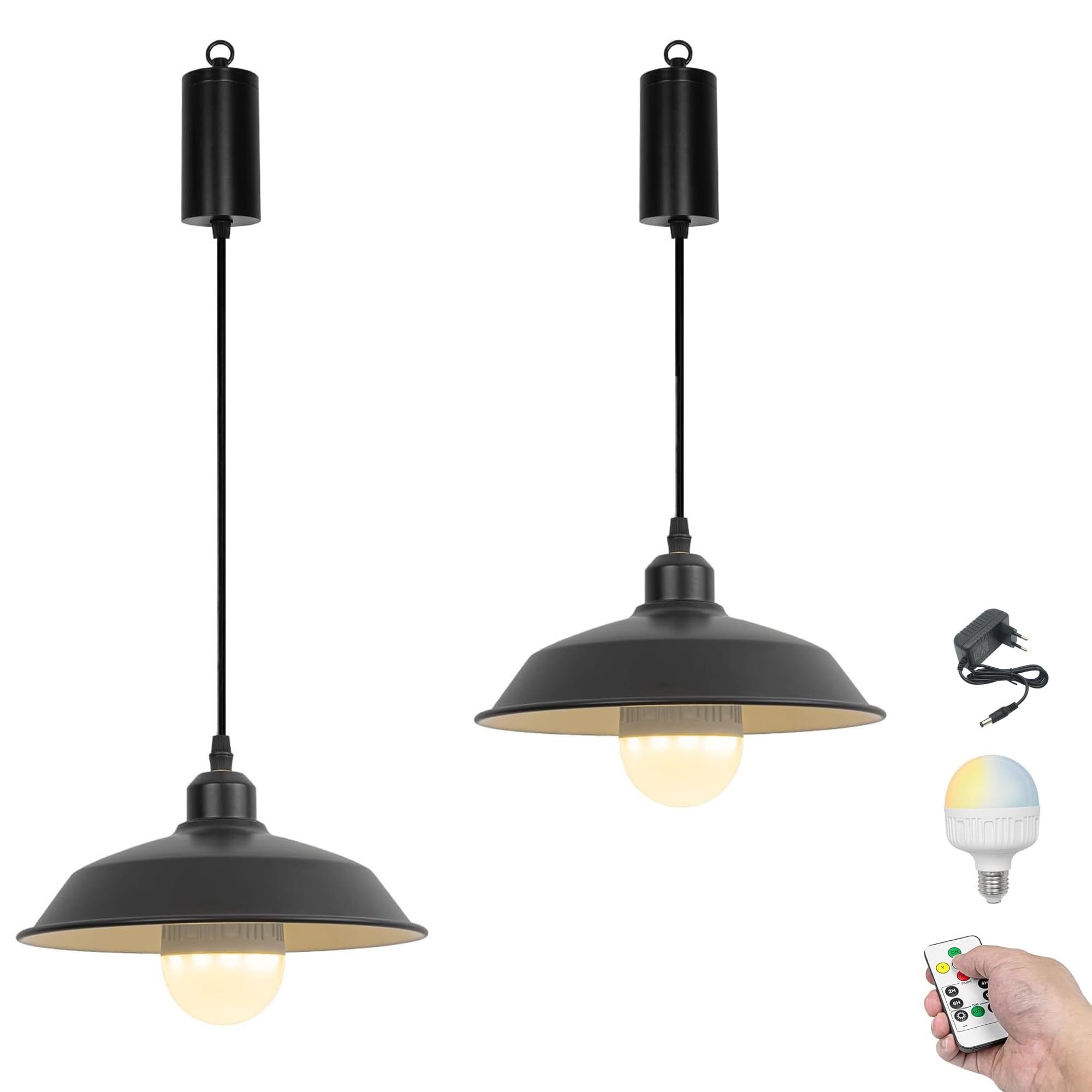 Dimmbare Hängelampe mit Batterie Innen,2er-Satz Industrial Metall Hängeleuchte Batteriebetriebene Lampe, Pendelleuchte ohne Strom Stromanschluss für Küche Nachttischcafé,Schwarz