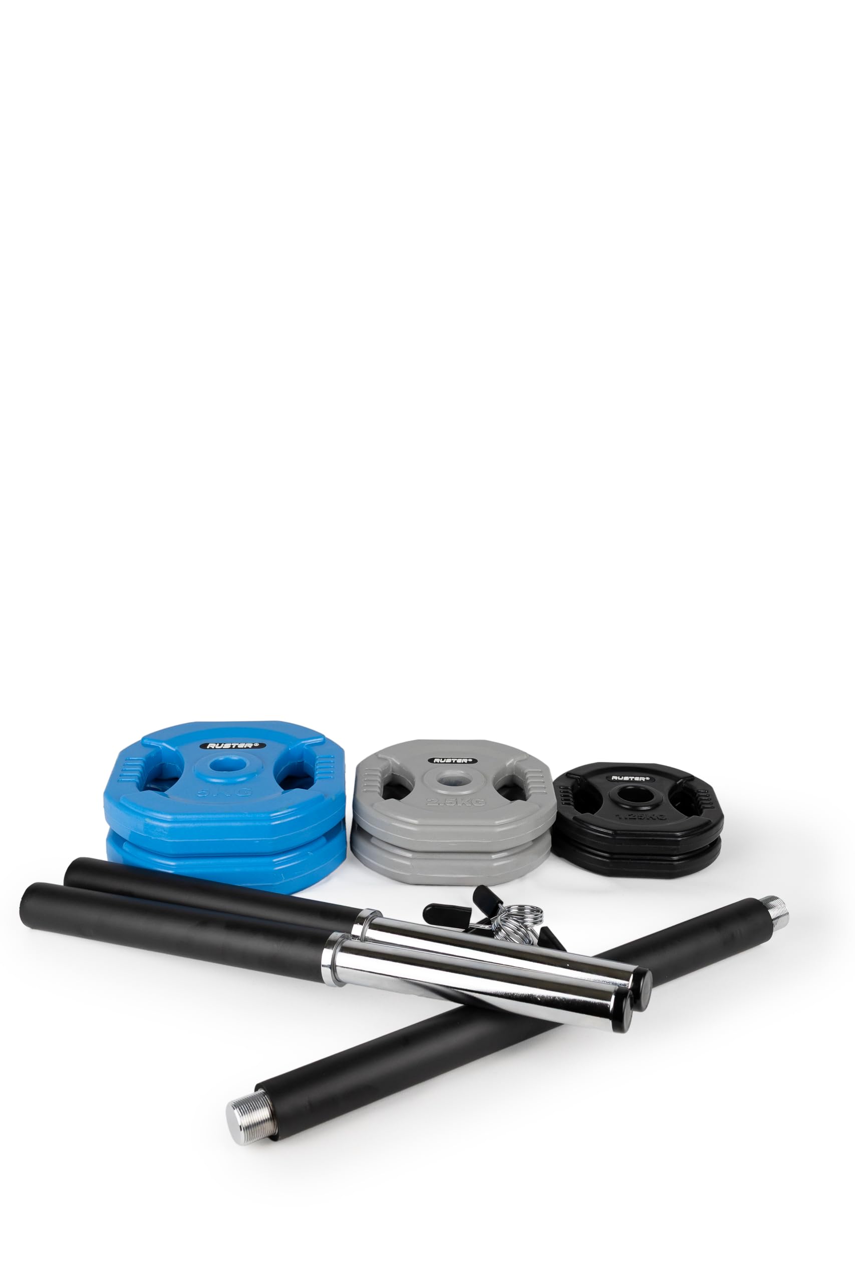 RUSTER Set Pump HE - Barra Pesas Ajustables para Body Pump con Discos de Goma 20kg - Set Completo con Barra 140cm y 6 Pesas de 1,25kg a 5kg - Ideal para Entrenamiento de fuerza y Rehabilitación