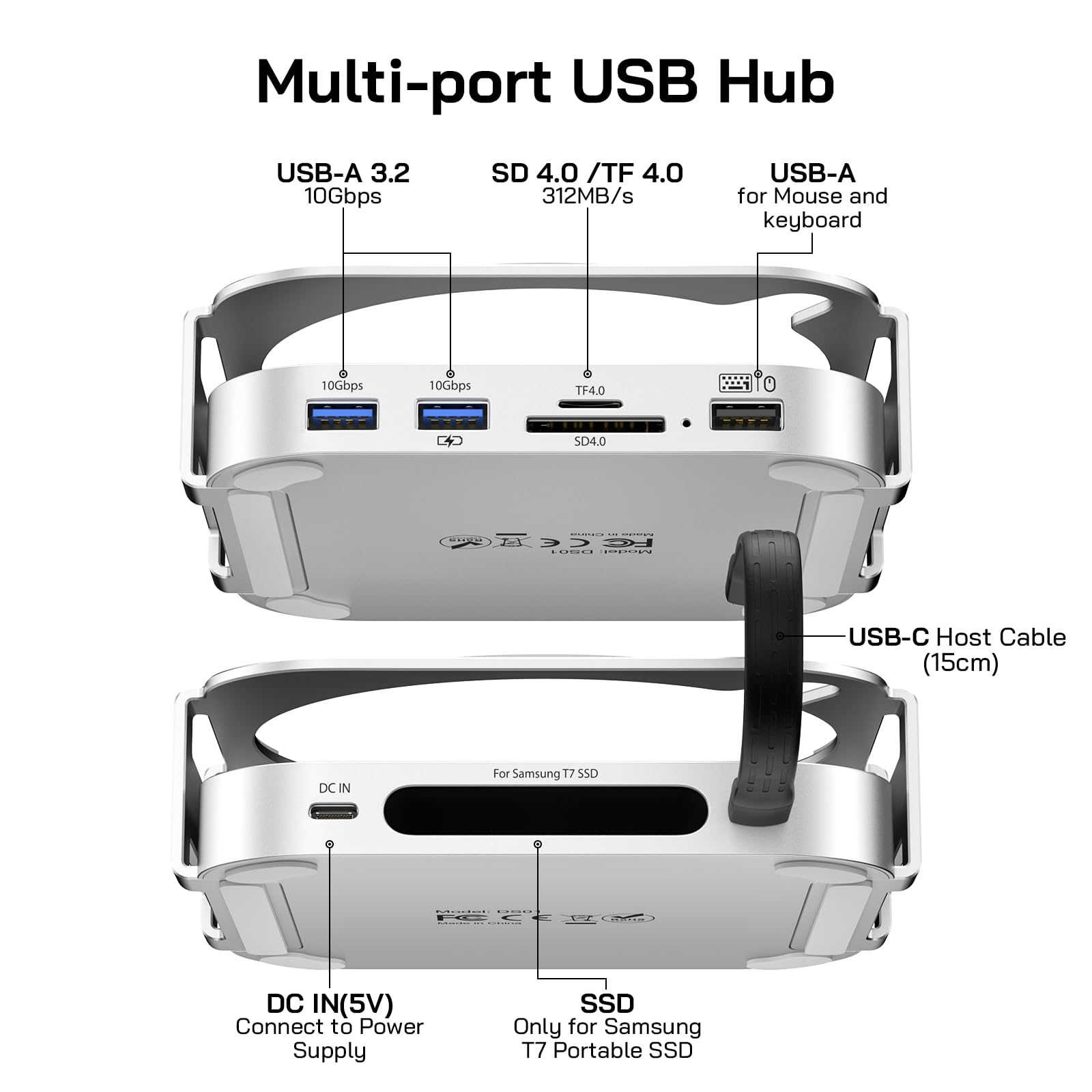 M-ac Mini M4 Dock with 4TB Sam-Sung T7 Portable SSD Enclosure(SSD NOT Included), 7-in-1 Aluminum Hub & Stand for Mac mini M4 and M4 Pro 2024, 10Gbps USB A 3.2, 15CM USB C Cable, SD/TF 4.0 Card Reader - Detailed View
