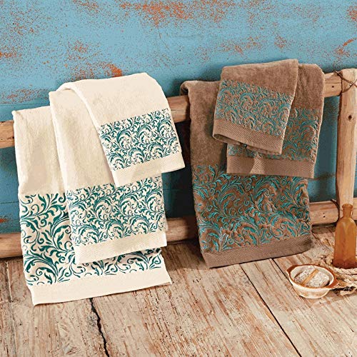 Image of Paseo Road Wyatt 3 Piece Western Rustic Bathroom Towel Set, Mocha Turquoise Southwestern Themed Towels with Scroll Embroidery, Lodge Bath Towel, Hand Towel and Finger Towel