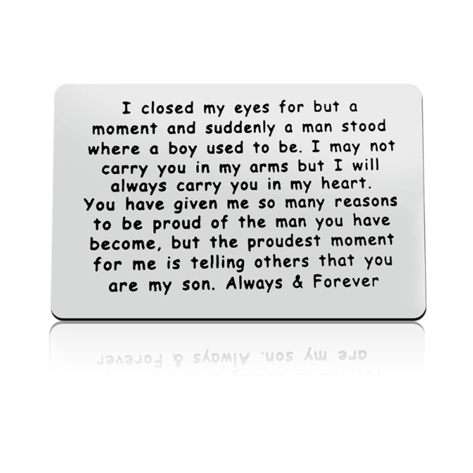 Photo 1 of Metal Wallet Insert Birthday Card for Son, Engraved Wallet Inserts with Inspirational Quotes for Son, Inspirational Gift from Parents to Son for Birthday Graduation Wedding