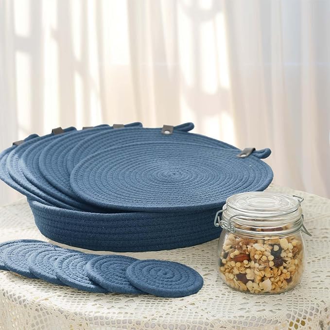 Image of Cotton Rope Placemat Set with Coasters and Holder 6 Pieces Round Woven Table | Mats Natural Beige Heat Resistant | Dining Table Decor | Durable Washable Kitchen Accessories (Royal Blue)