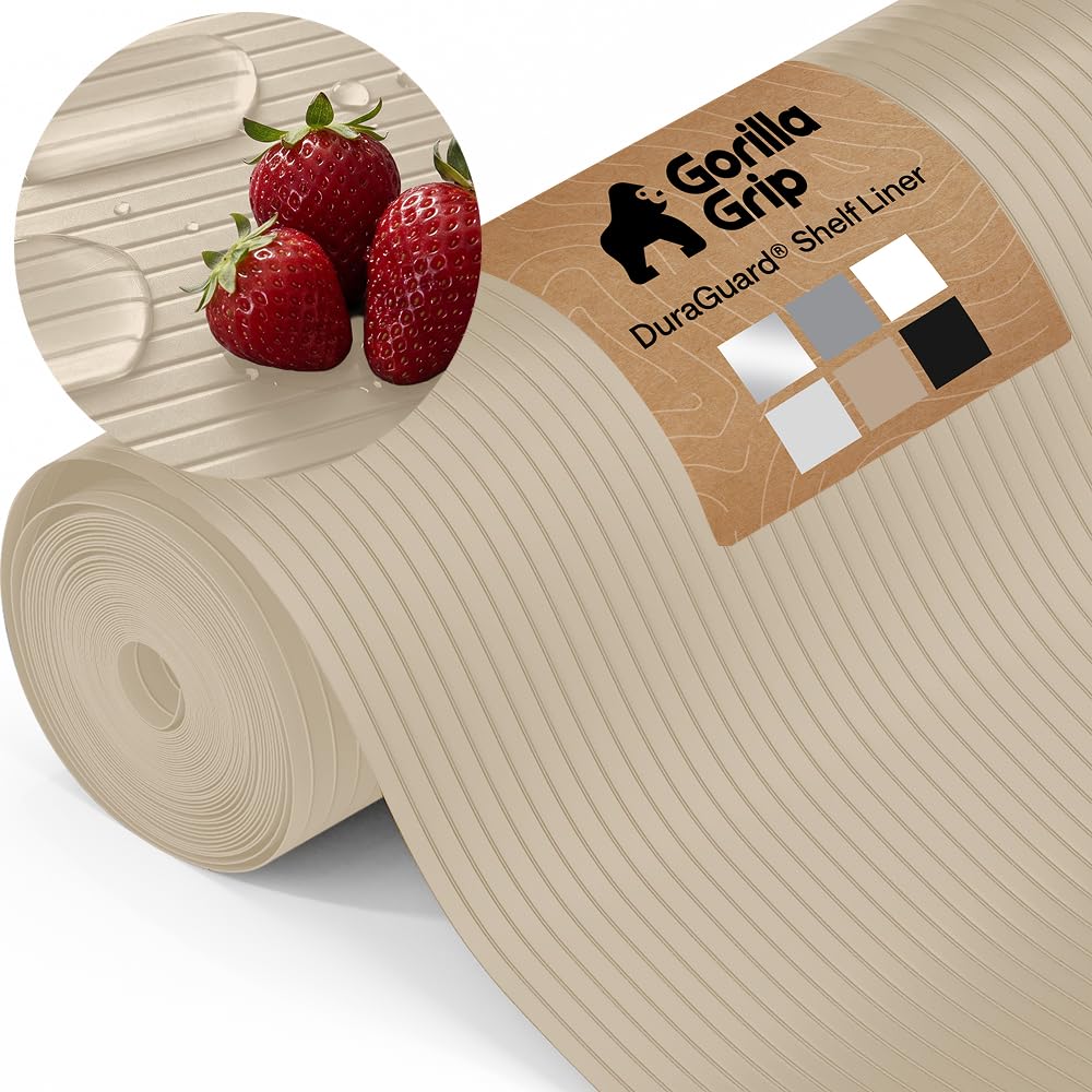 GORILLA GRIP DuraGuard Shelf Liner, 20x30 Non-Adhesive Cabinet Liners for Kitchen Drawers, Shelves, Refrigerator, Pantry Storage, Bathroom Closet, Durable Waterproof BPA Free Ribbed Plastic, Beige — image 1