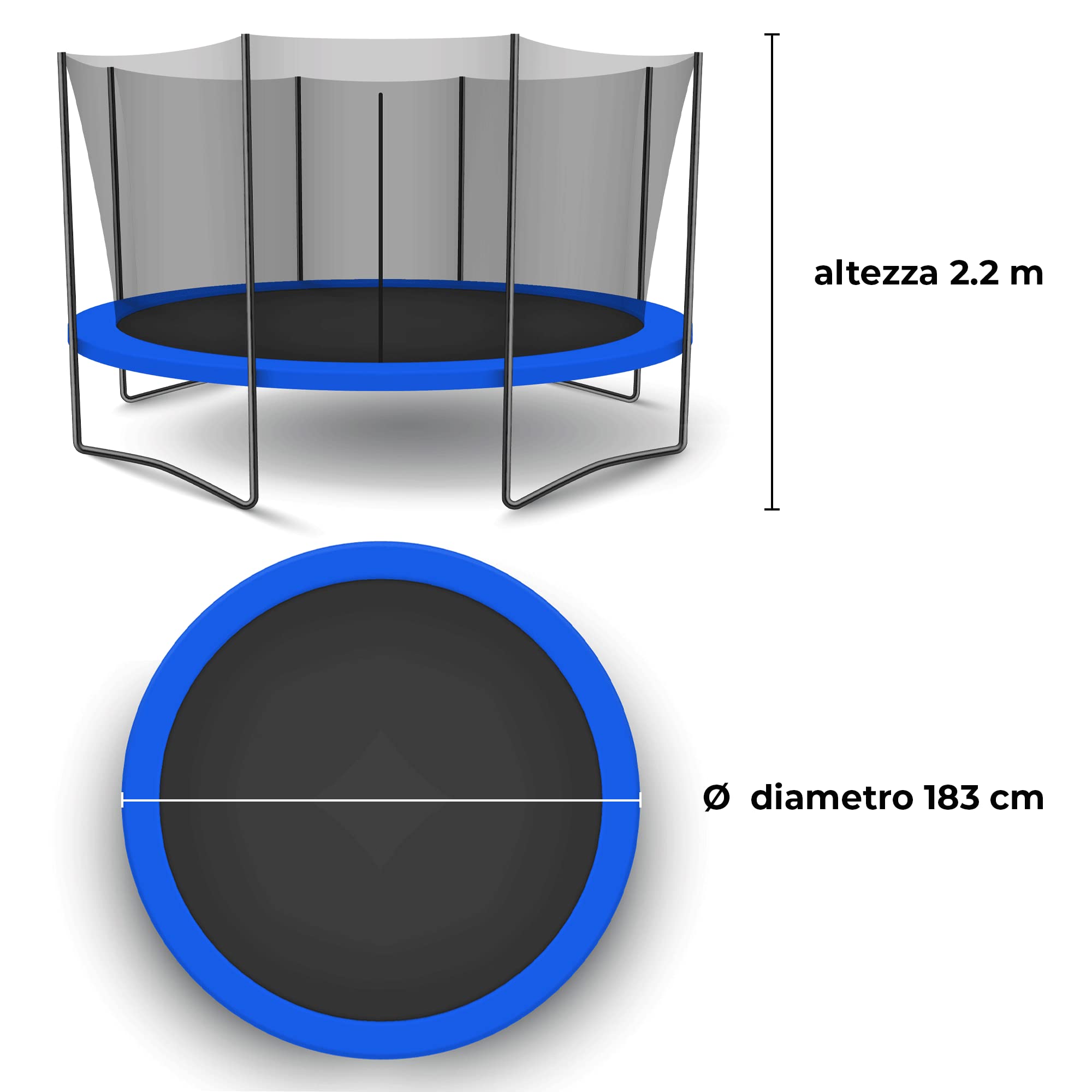 YM Trampolino Elastico per Bambini, Diametro 183/251/305/366, Kit Completo, per Giardino, Tappeto Sicuro con Protezione Bordi in Schiuma e Rete di Sicurezza, Tubi Telaio in Acciaio Zincato, Your Move