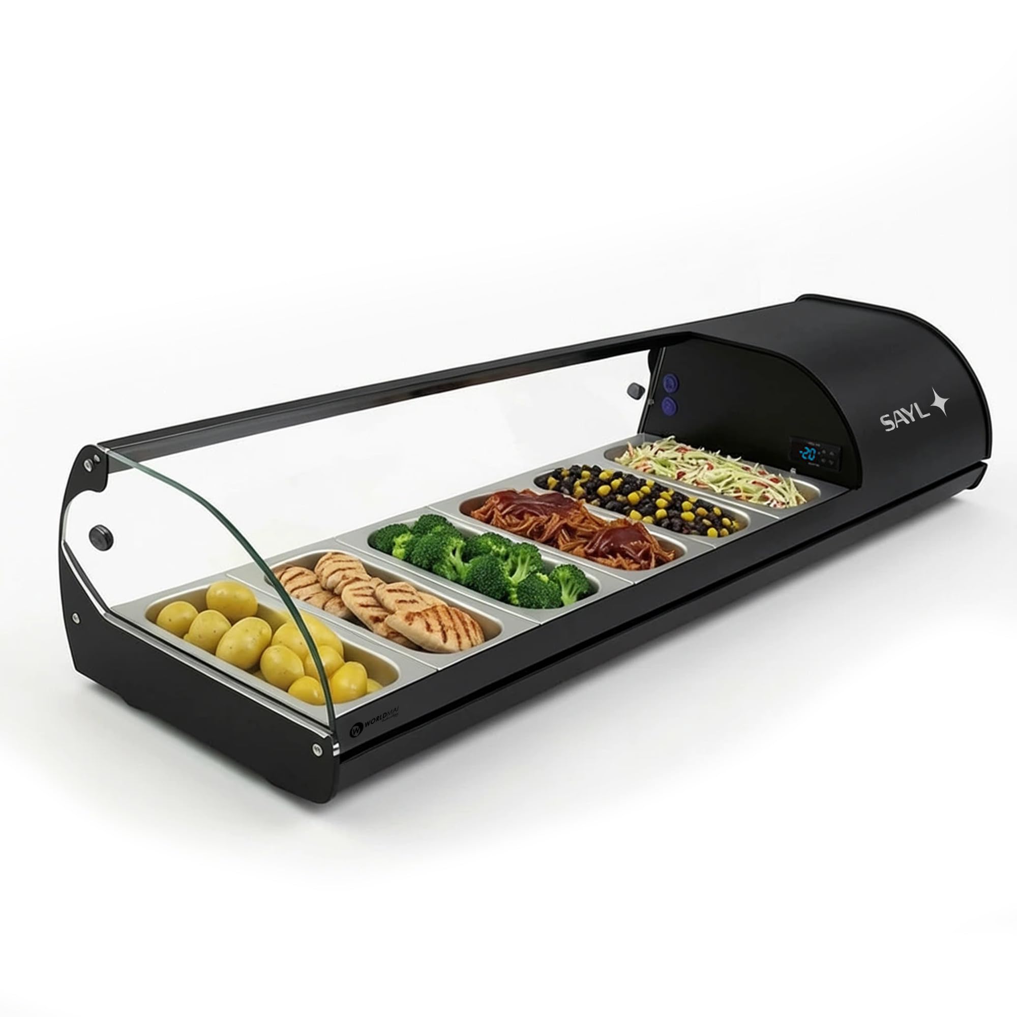 WORLDMAI x SAYL Deckelvitrine 144 x 40 cm 6 Eimer GN 1/3 Gastronomie Professionelle Kühlvitrine mit LED-Beleuchtung für Bar Restaurant
