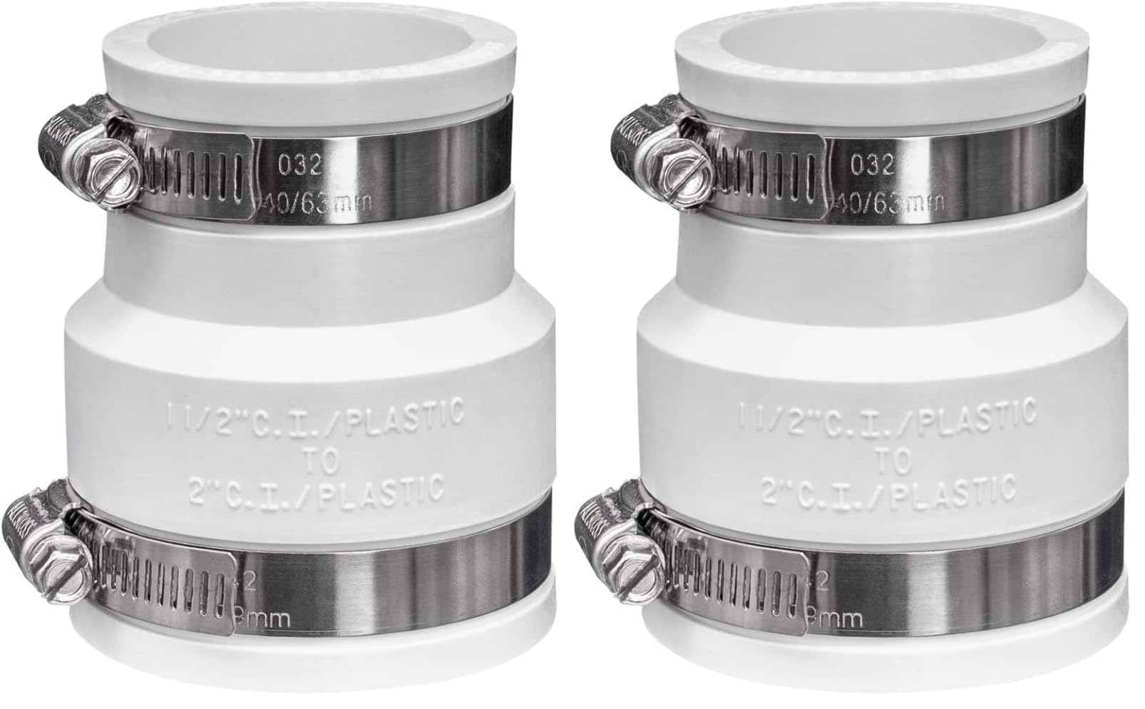 1056-215 Reducing 2-in. x 1-1/2-in. Flexible PVC Pipe Coupling for Cast Iron and Plastic Plumbing Connections in White (Pack of 2) by Fernco – Model 1056-215W
