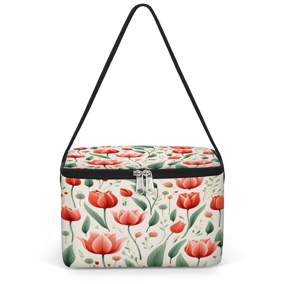 GzLeyigou Red Flowers Lunch Bags for Women Men 9 Cans, Hot & Cold Food Delivery Bag Insulated Grocery Bag Insulated Lunch Box Tulips Cooler Bag for Office Work Picnic Beach