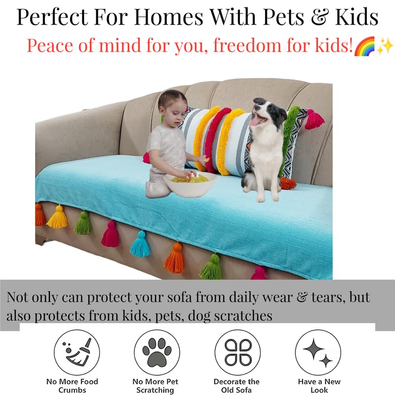 Image of Blue Sofa Cover Multicoloured Tassels: Sofa Slipcover: Heavyweight Performance Fabric, Anti-Slip, Stylish & Functional: Seat Coverage -Fits 2 Seater Sofa, Size: 65 x 120 CMS -1 Piece