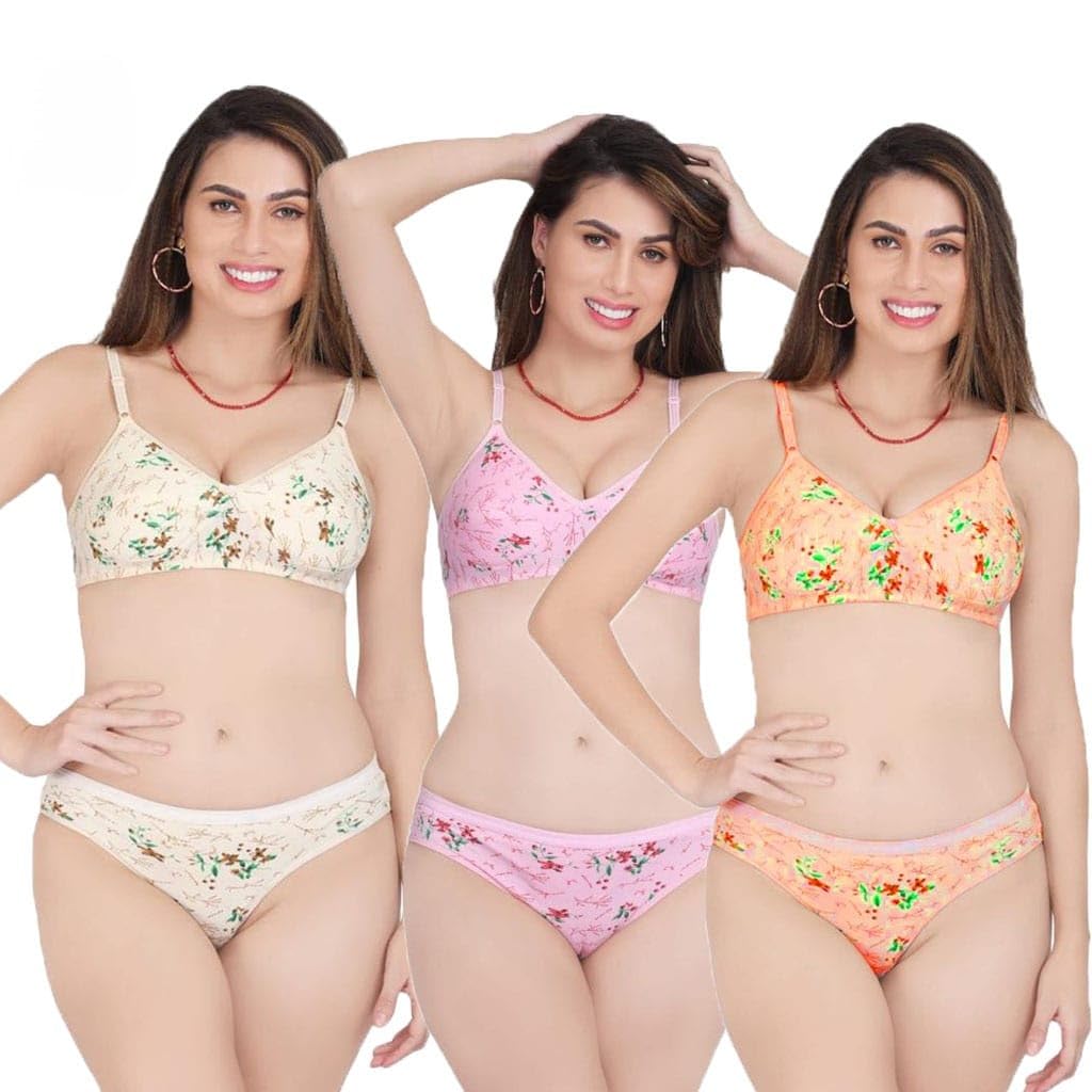 Women's Floral Bra & Panty Set – Pack of 3 (Yellow, Pink, Orange) Innerwear Combo-picture-31