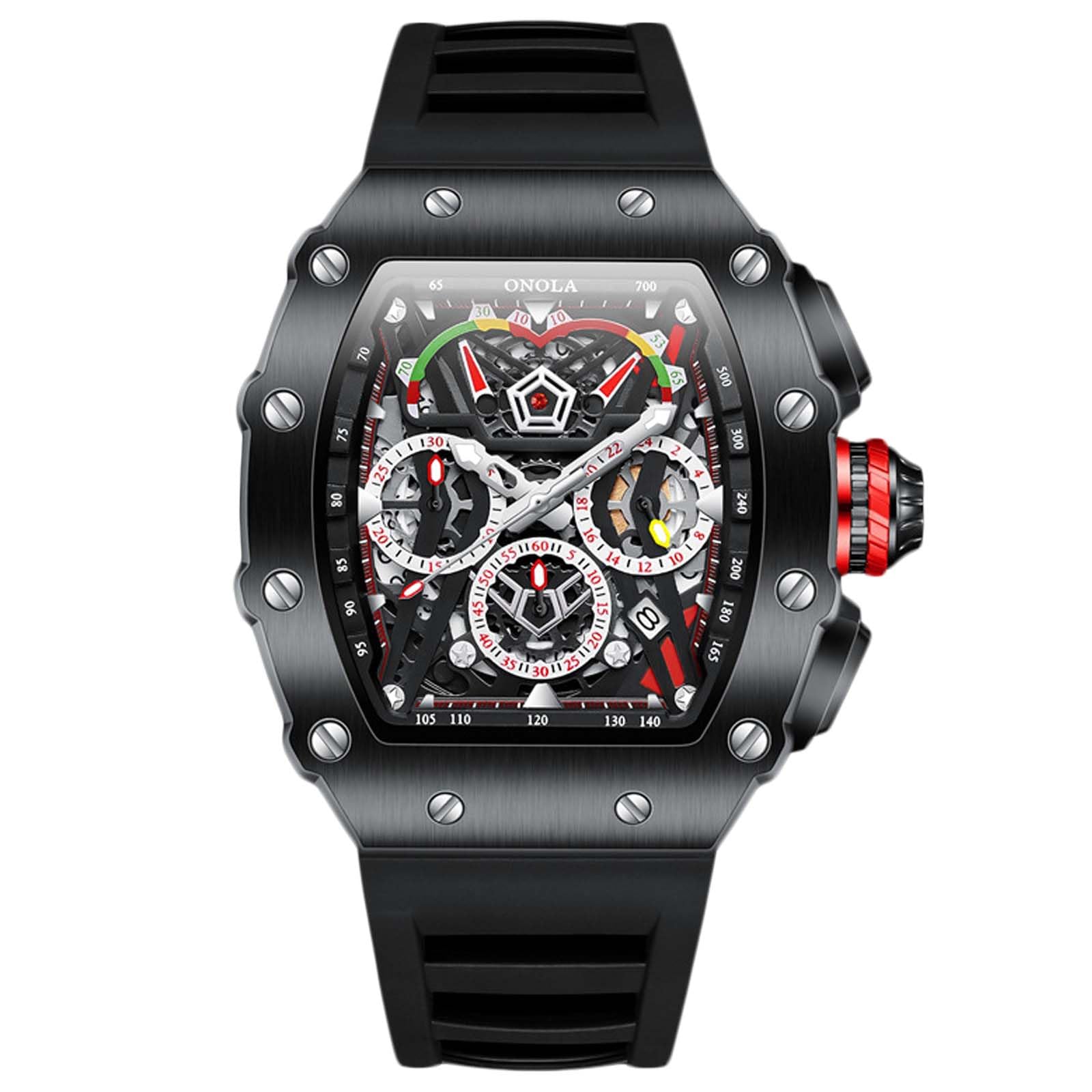 RORIOS Men Tonneau Watch Analogue Quartz Watch Multifunctional Chronograph Watch Fashion 5ATM Waterproof Wristwatch with Silicone Strap