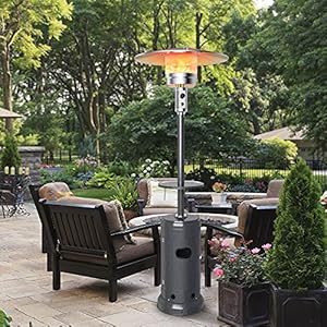 COSTWAY Patio Heater, 50,000 BTU Propane Heater with Drink Shelf Tabletop, Wheels, Simple Ignition System and Base Reservoir, Standing Outdoor Space Heater for Home Residential Commercial (Grey) COSTWAY Patio Heater 50000 BTU Propane Heater with Drink Shelf Tabletop Wheels Simple Ignition System and Base Reservoir Standing Outdoor Space Heater for Home Residential Commercial Grey