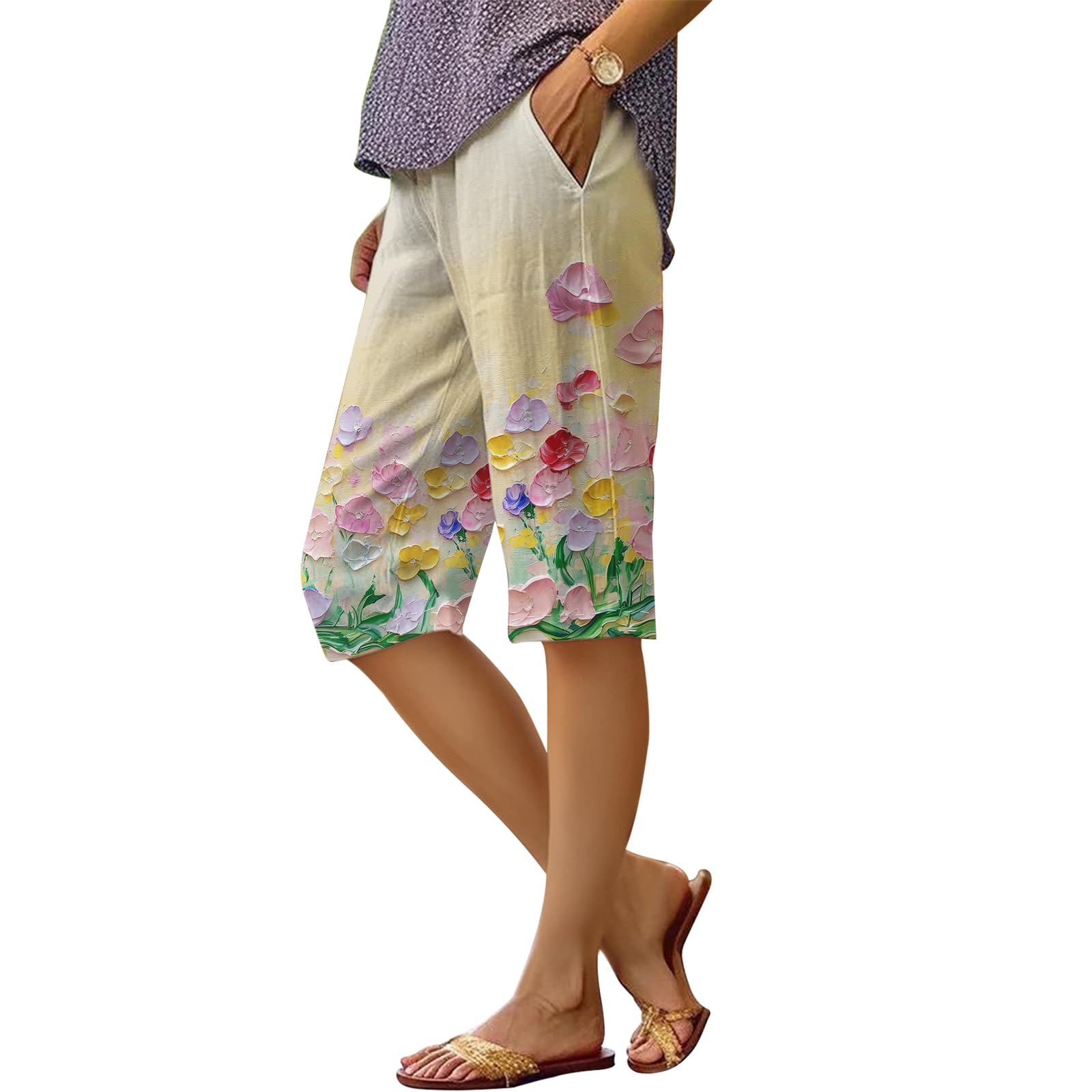 Womens Summer Casual Floral Boho Beach Pants Loose Knee Length Athletic Bermuda Shorts with Pockets Vacation Outfits