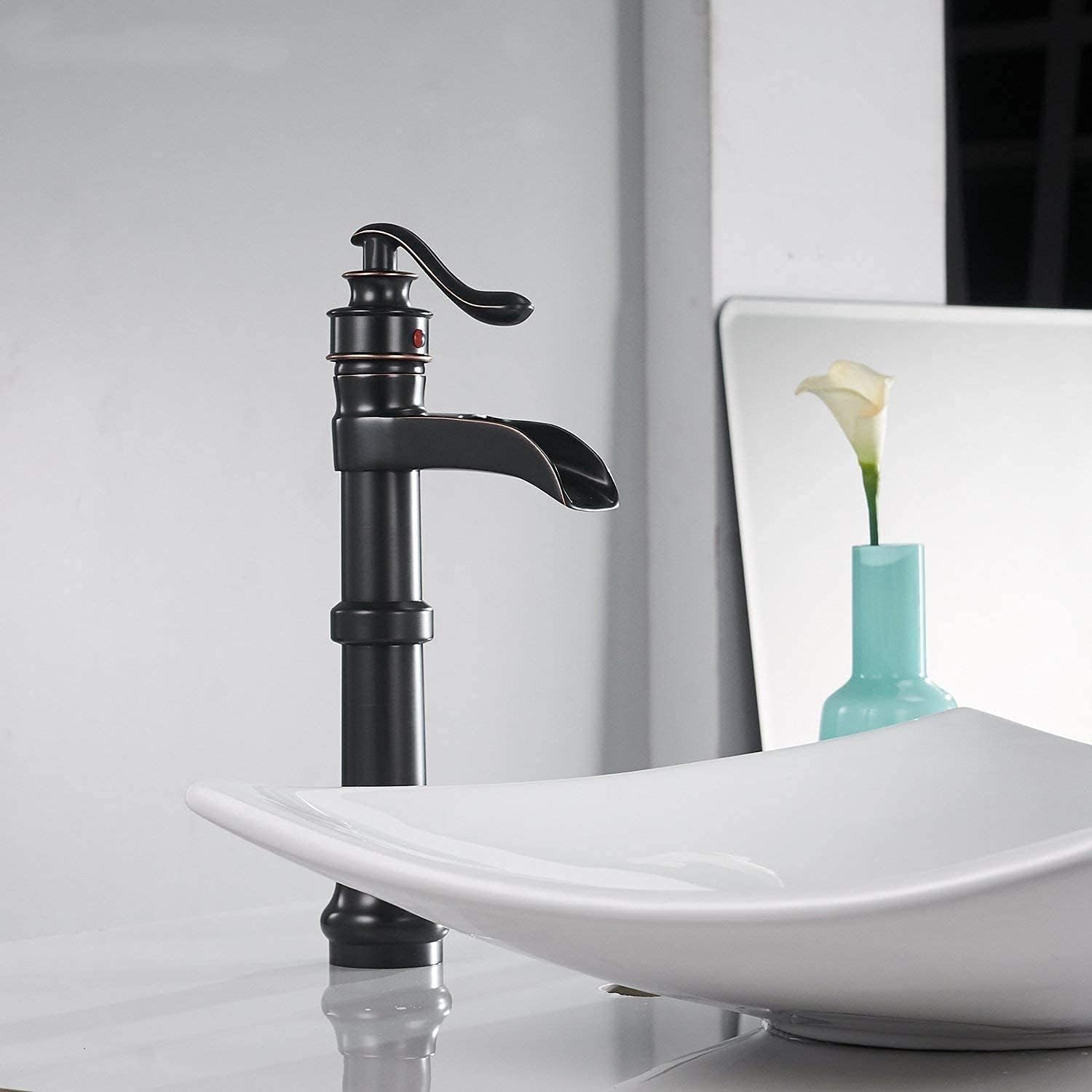 Bathfiness Bathroom Faucets Oil Rubbed Bronze Waterfall Farmhouse Tall Above Counter Faucet for Bathroom Sink 1 Hole Single Handle with Pop Up Drain Stopper Supply Lines