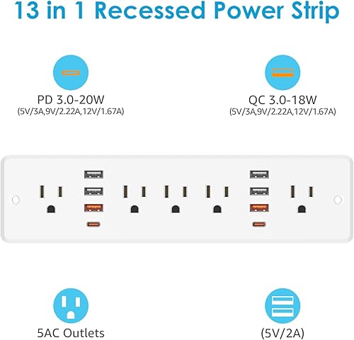 Miniatura 2 de HHSOET Enchufe plano de regleta de alimentación empotrada 13 en 1, toma de escritorio de carga rápida con USB, toma de corriente empotrada para