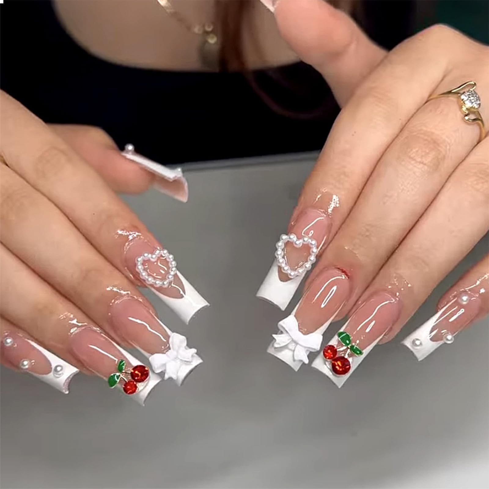 GlamRays 3D Cherry Bow Pearl False Nails White French Tip Press On Nails Extra Long Square False Nail With Design Glossy Full Cover 24Pcs