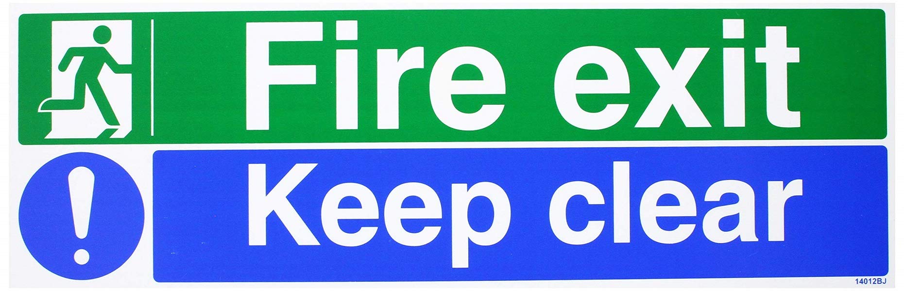 Seco Fire Exit - Man Running Left, Fire Exit, Exclamation Mark, Keep Clear Sign, 450mm x 150mm - 1mm Semi Rigid Plastic